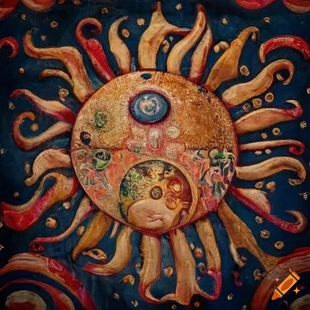 Medieval painting with abstract sun, moon, and stars tapestry on Craiyon