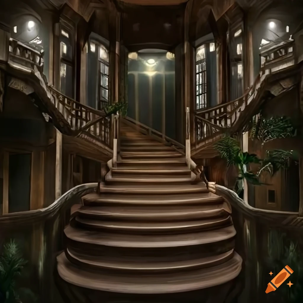 Interior of a wooden mansion in a rainforest at night with intricate design