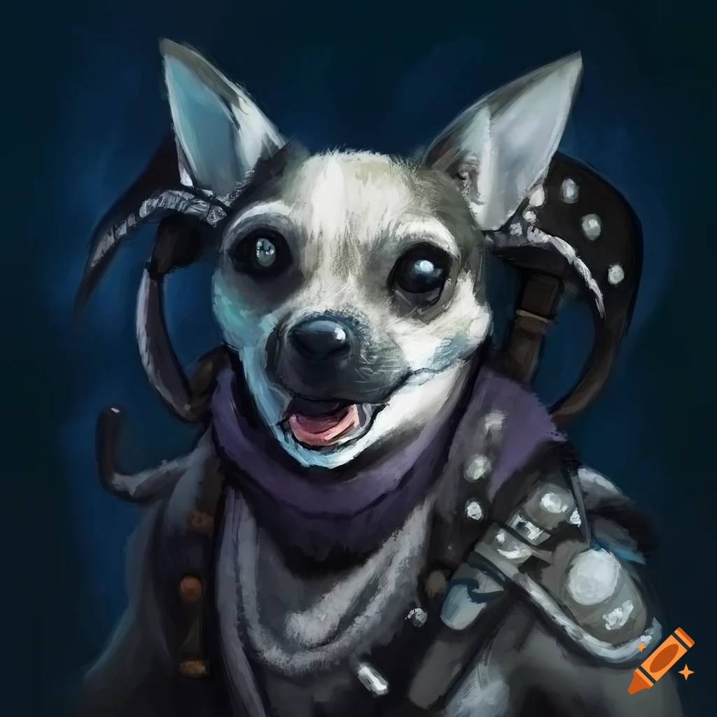 Anthropomorphic chihuahua in tribal DnD shaman attire, depicted in charcoal drawing