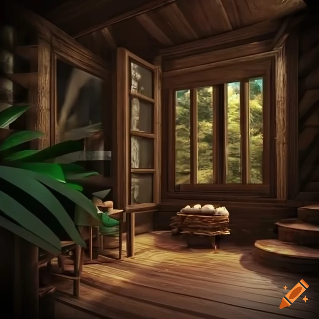 Interior of a wooden mansion in a rainforest at night with intricate design