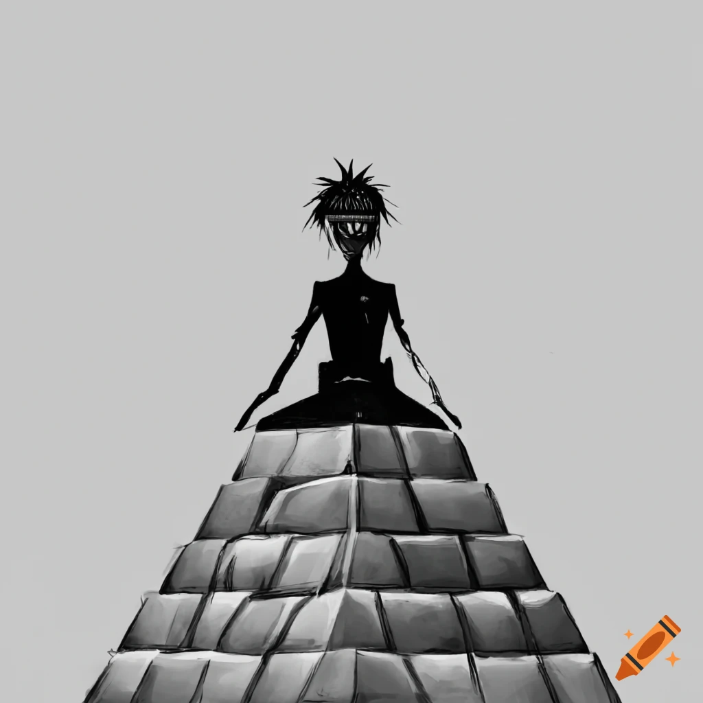 Black cartoon character on top of a pyramid