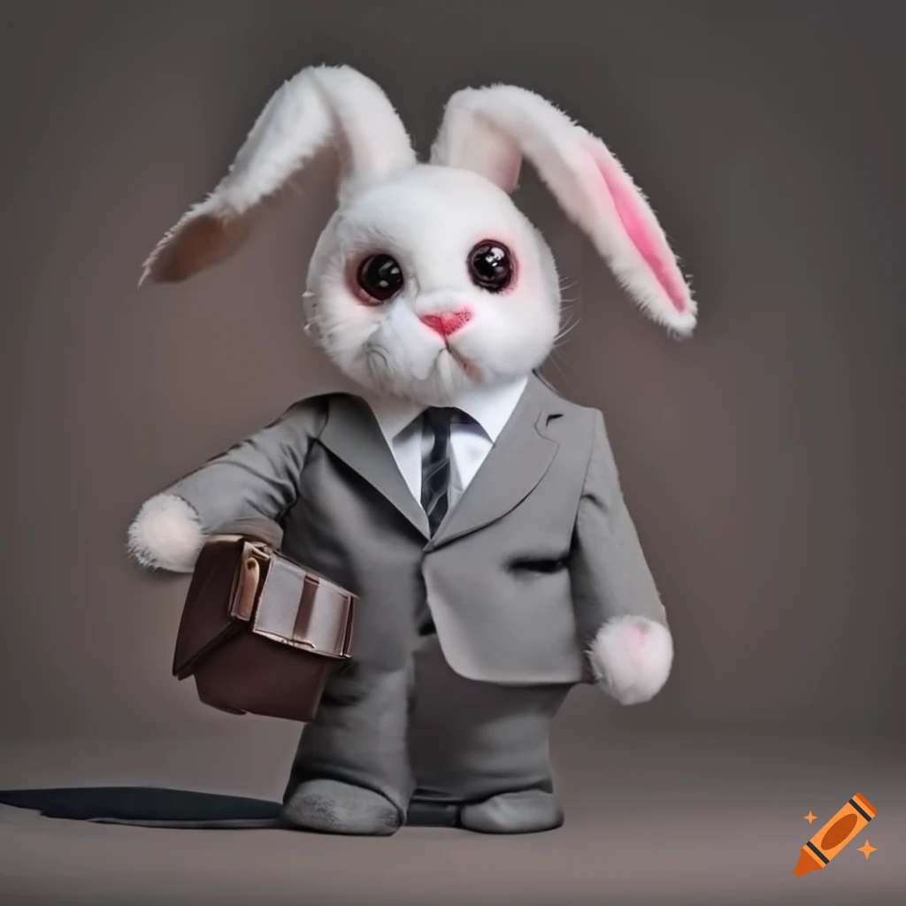 Cute bunny stuffed animal in mafia attire with briefcase