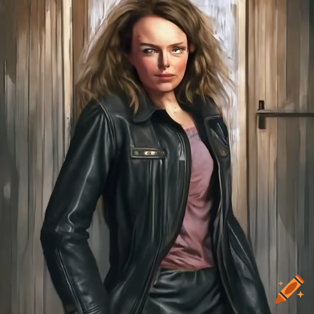Blonde woman in plaid shirt and black leather jacket