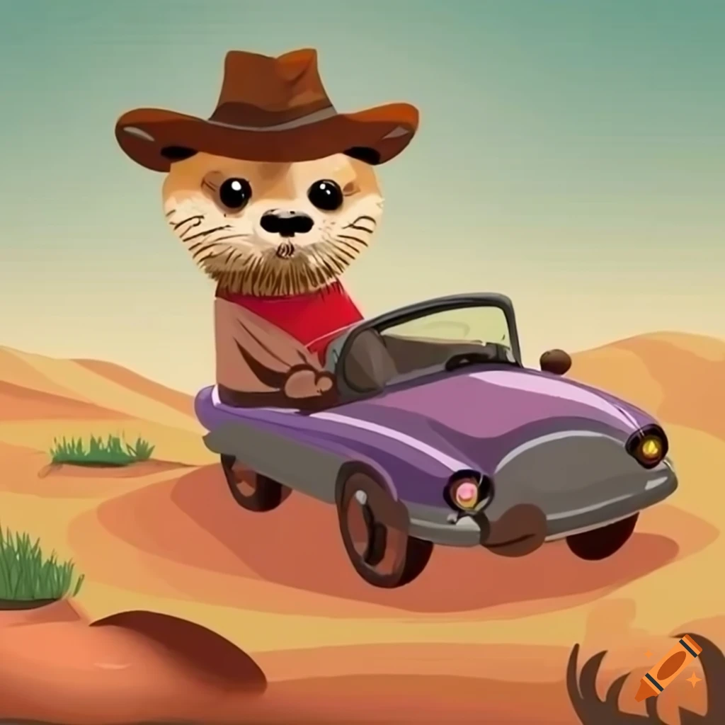Cowboy otter driving a convertible in the desert