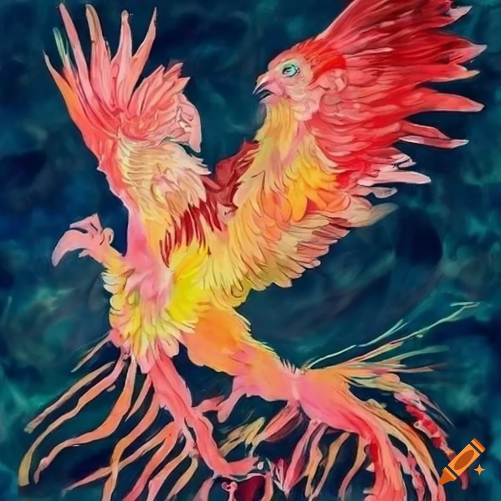 Mythical phoenix in vivid pastel colors inspired by Egon Schiele
