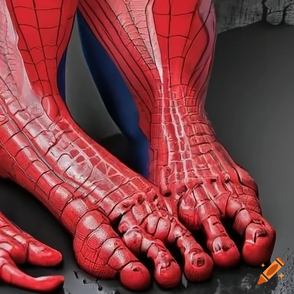 Close up of spiderman's big red feet on Craiyon