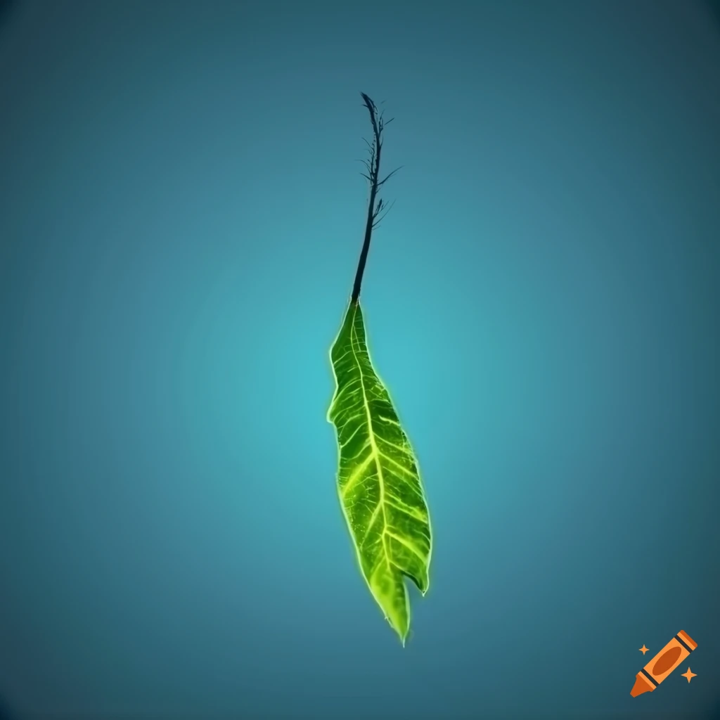 Single green leaf on monochrome blue background