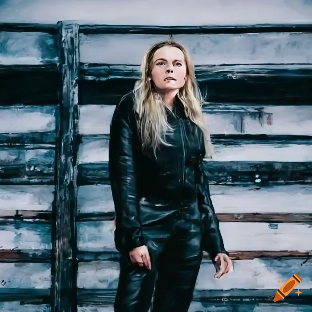 Blonde woman in plaid shirt and black leather jacket