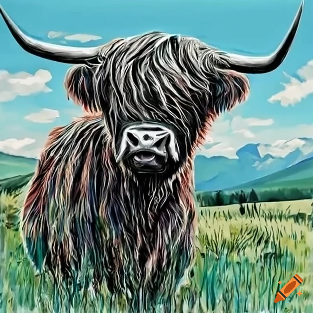 Highland cow on a beautiful summer day near the coast