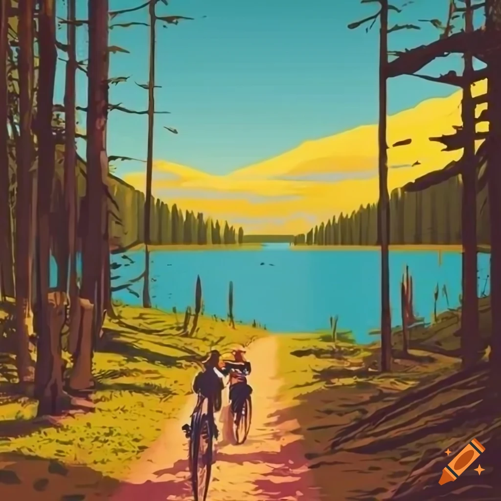 Vintage Travel Poster style art depicting friends riding mountain bikes in a forest