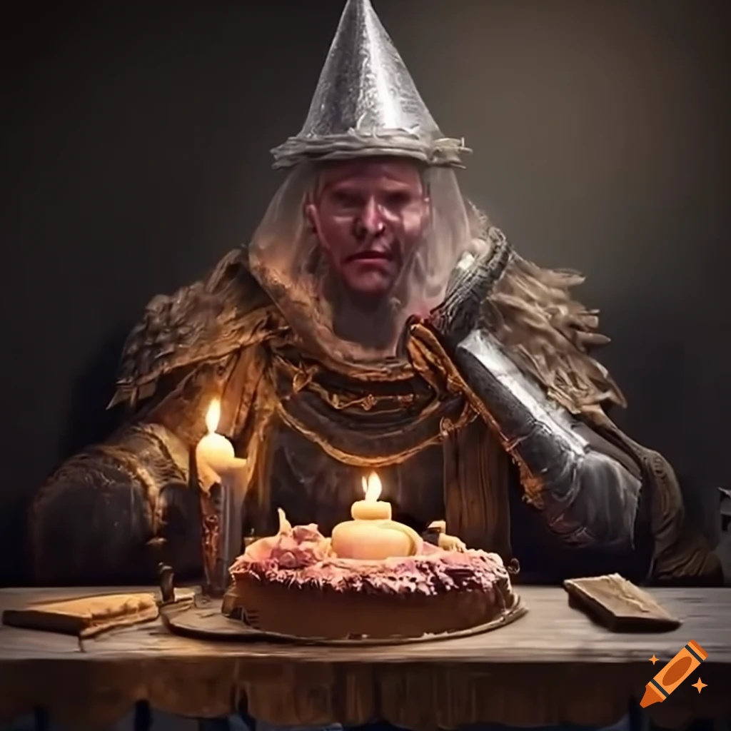 Man in elden ring style armor sitting at a table with a medieval cake