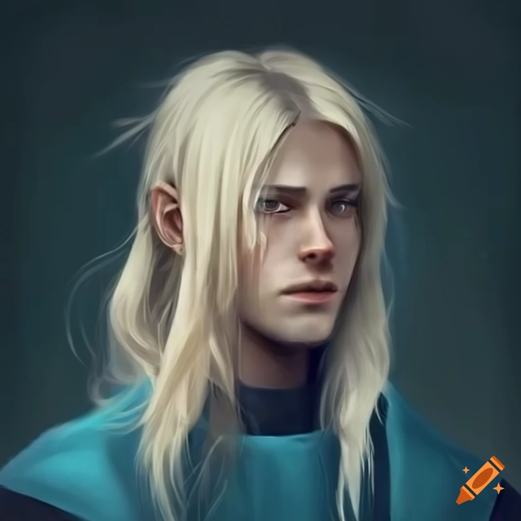 Portrait of a male with long light blonde hair and blue cloak in a northern Germanic style