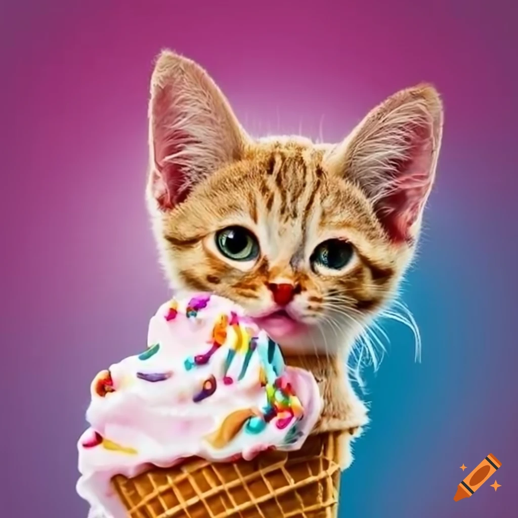 Cute kitten savoring an ice cream cone playfully on Craiyon