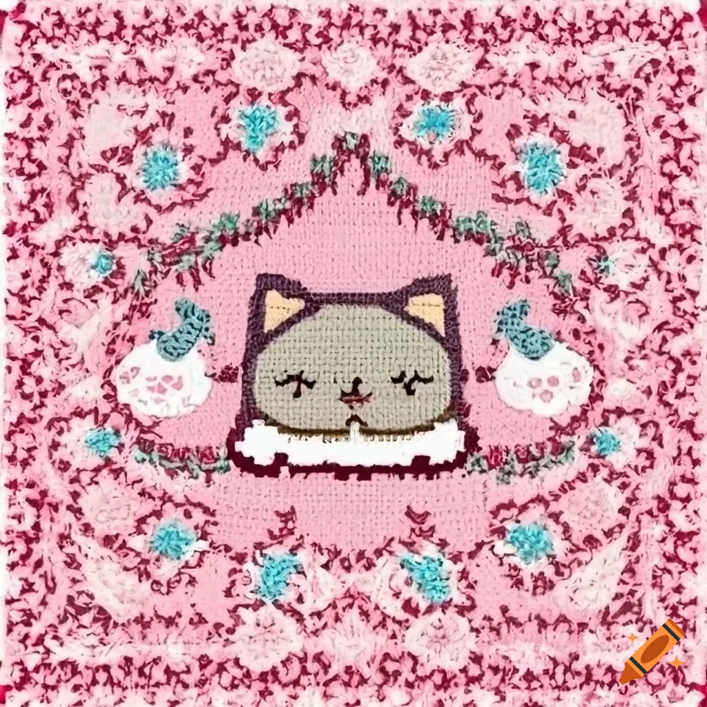 Cute and whimsical SVG logo for a crochet shop with pink, princessy, witchy, cat, and floral elements, Japanese influence