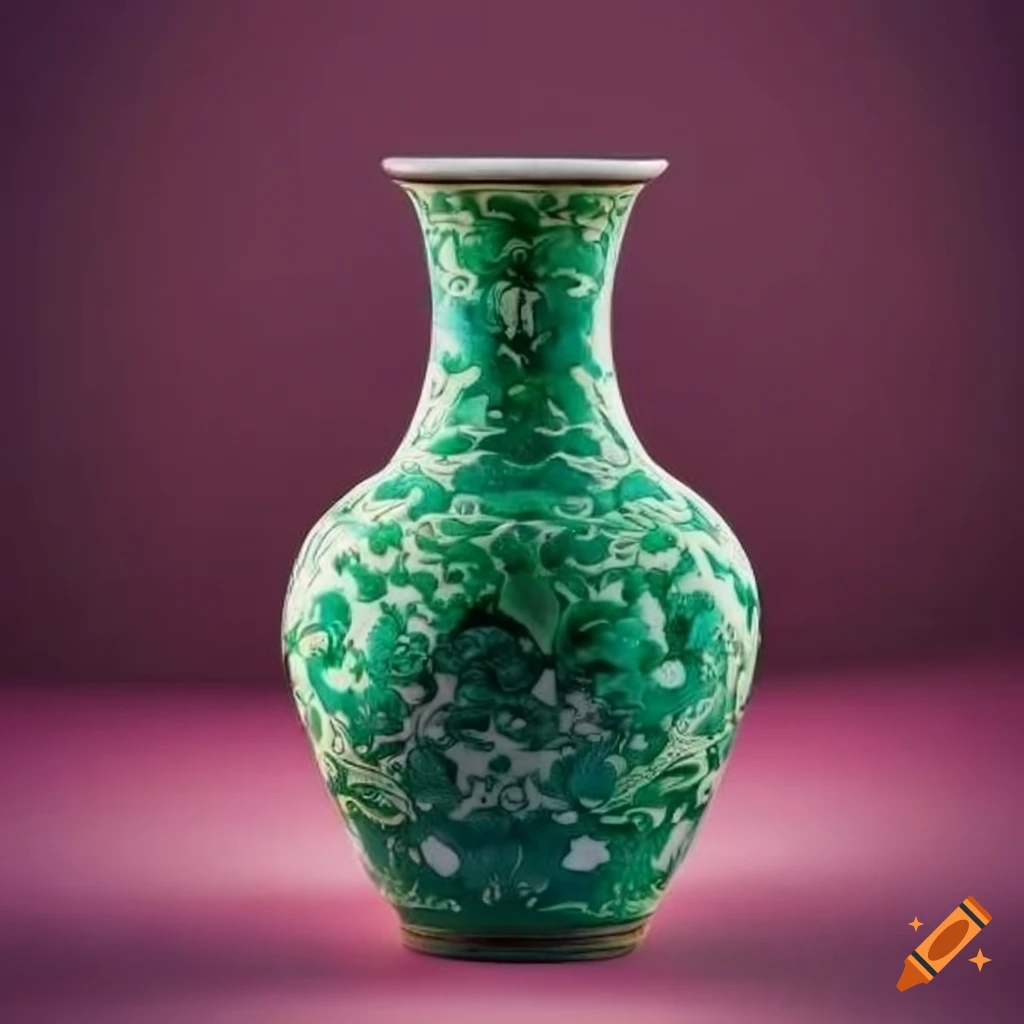 Timeless Chinese vase with dark green and white patterns on a pink background