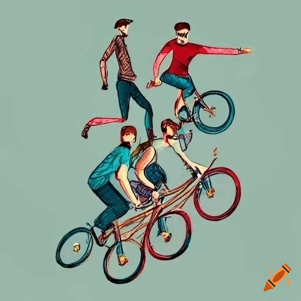 Hipster friends riding vintage MTB bikes and doing jumps on a solid color background in modern illustration style