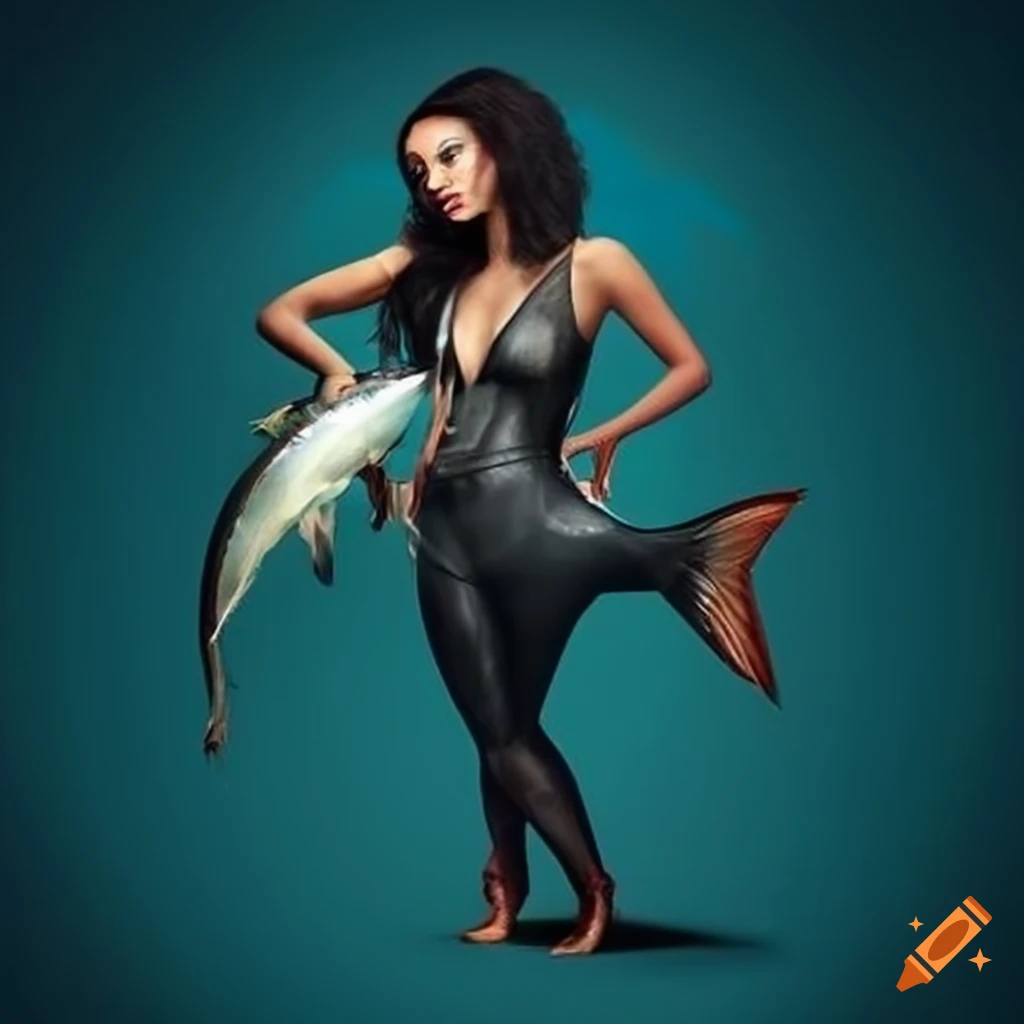 Female supermodel posing with a fish