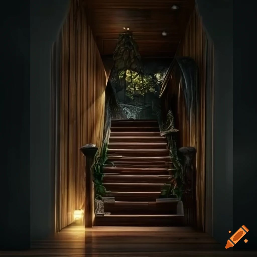 Interior of a wooden mansion in a rainforest at night with intricate design