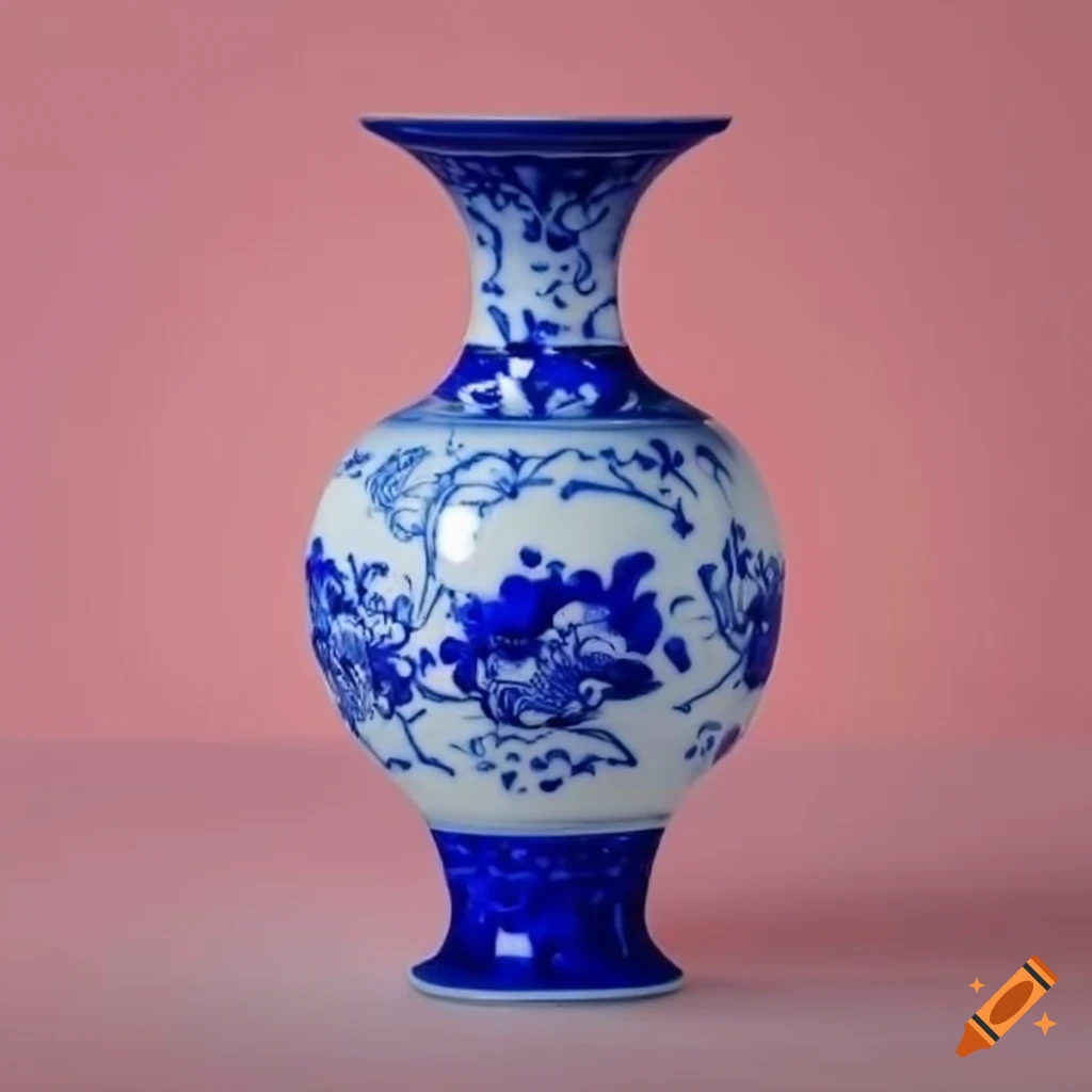 Chinese vase in cobalt blue and white on a pink background