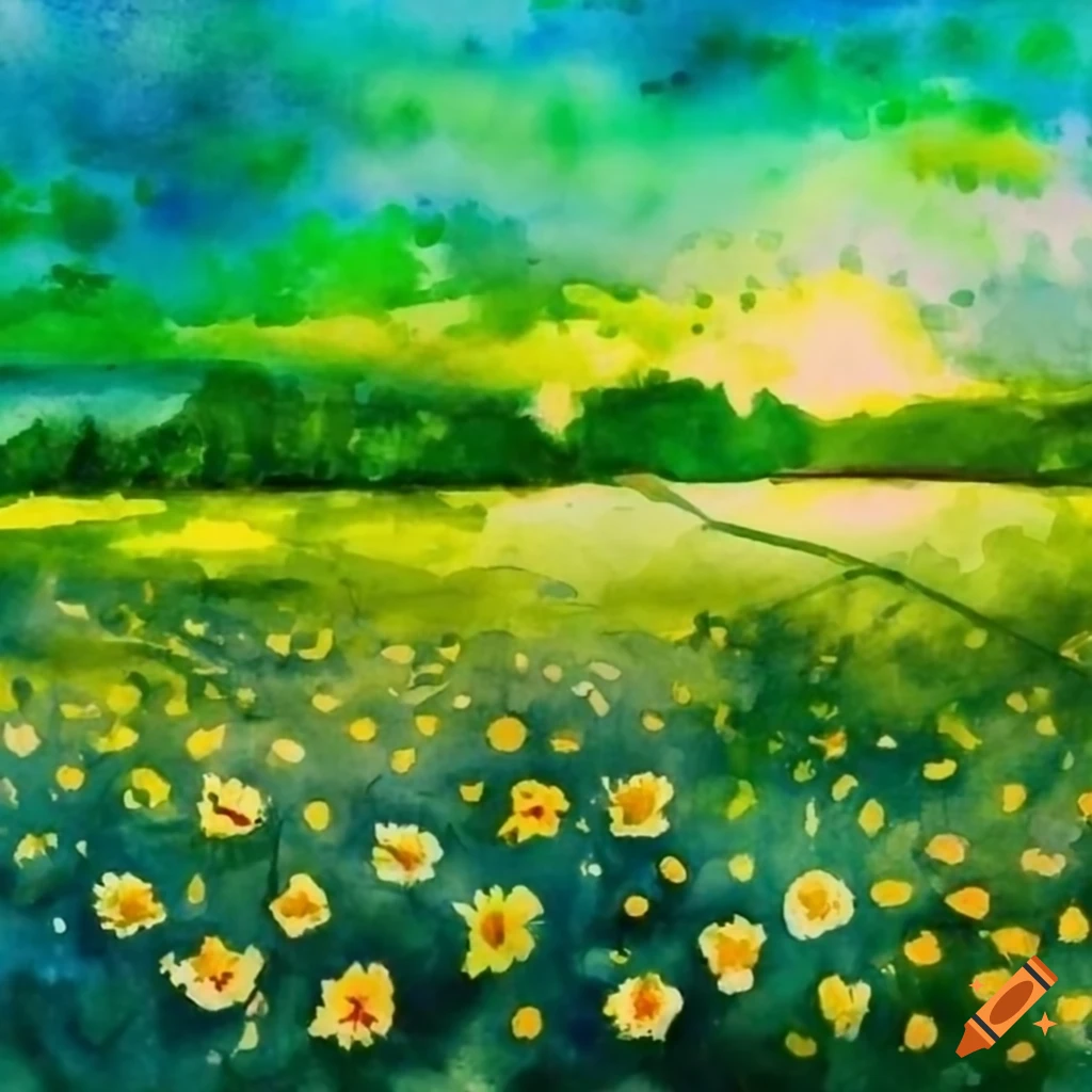 Watercolor painting of a sunny green field with flowers in spring on ...