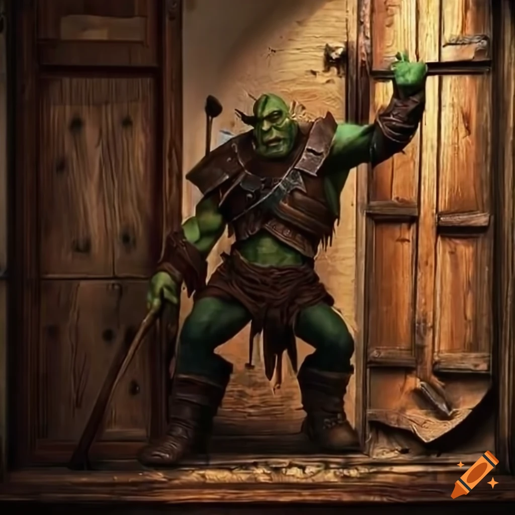 Orc in leather armor breaking through a wooden door with a big axe