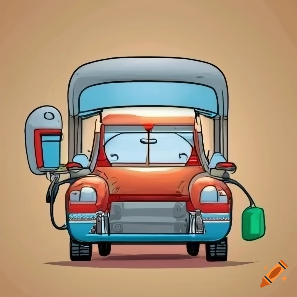 Colorful cartoon of a tourist refueling a camper at a gas station