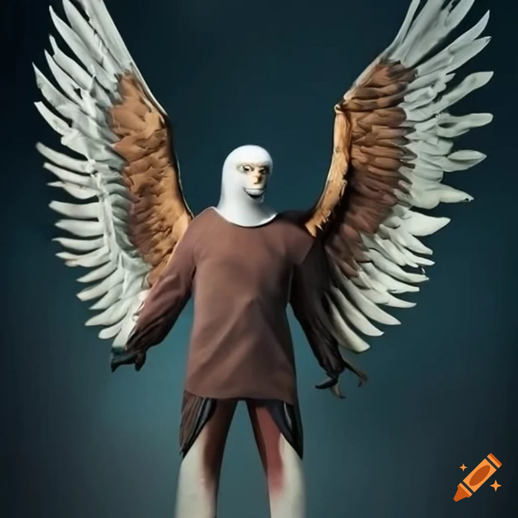 Buzzard-human hybrid with big wings in a magician suit
