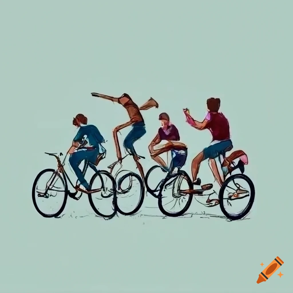 Hipster friends riding vintage MTB bikes and doing jumps on a solid color background in modern illustration style