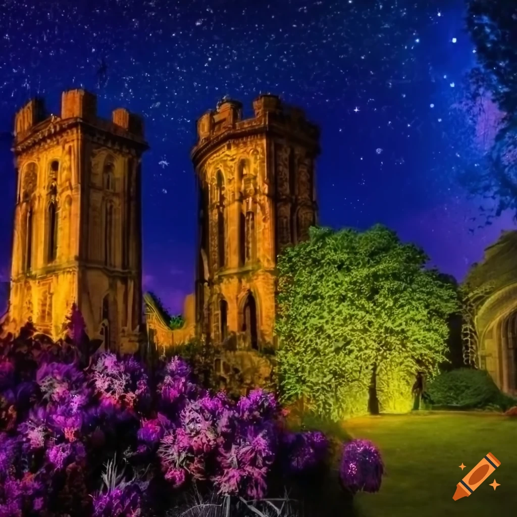 Exotic gothic flower garden with castles and towers in another universe