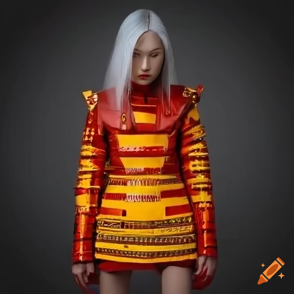 Contemporary samurai-inspired leather jacket with shoulder guards in phoenix gradient colors