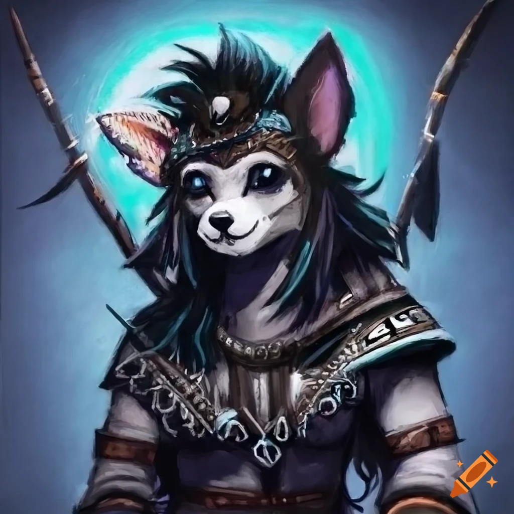 Anthropomorphic chihuahua in tribal DnD shaman attire, depicted in charcoal drawing