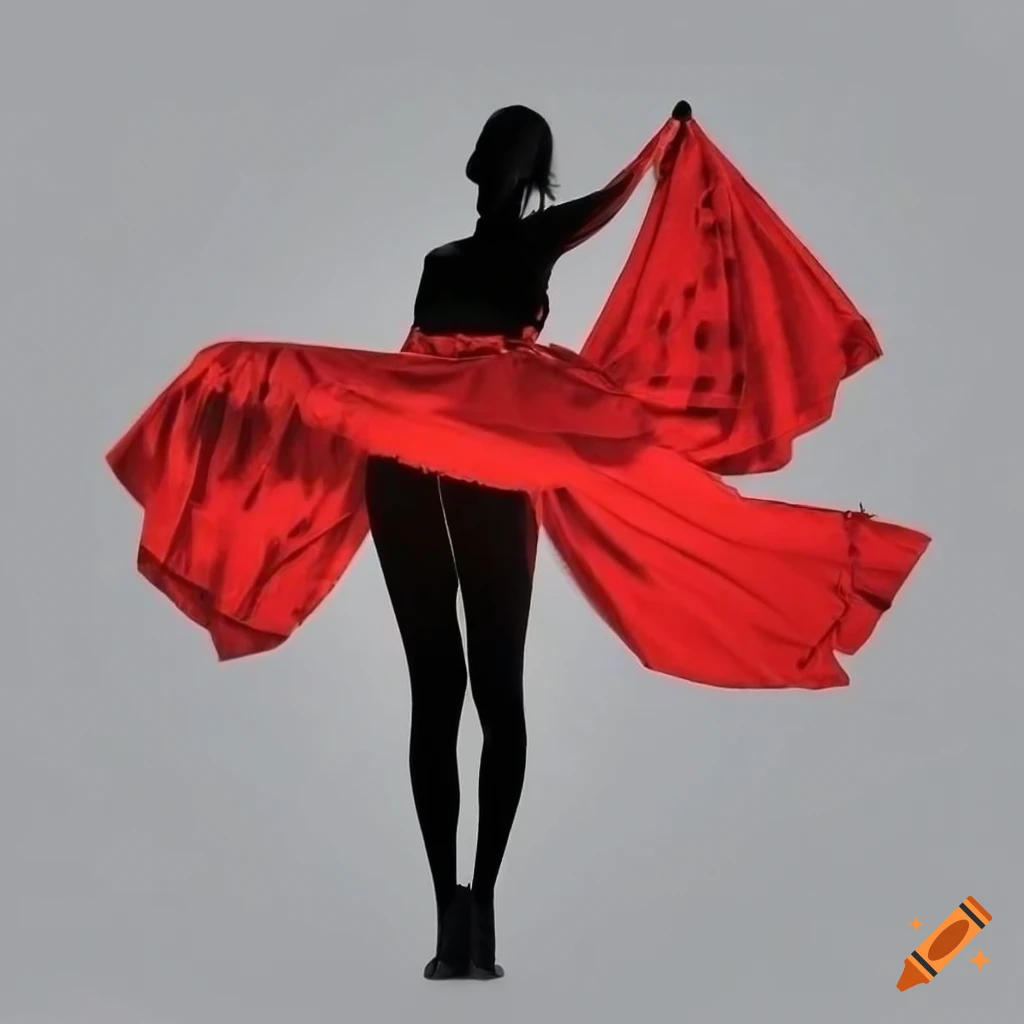 Matador red cape covering female silhouette with a golden whip