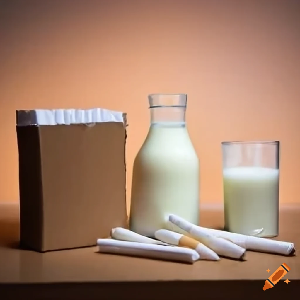 Carton of milk and pack of cigarettes in a dimly-lit room