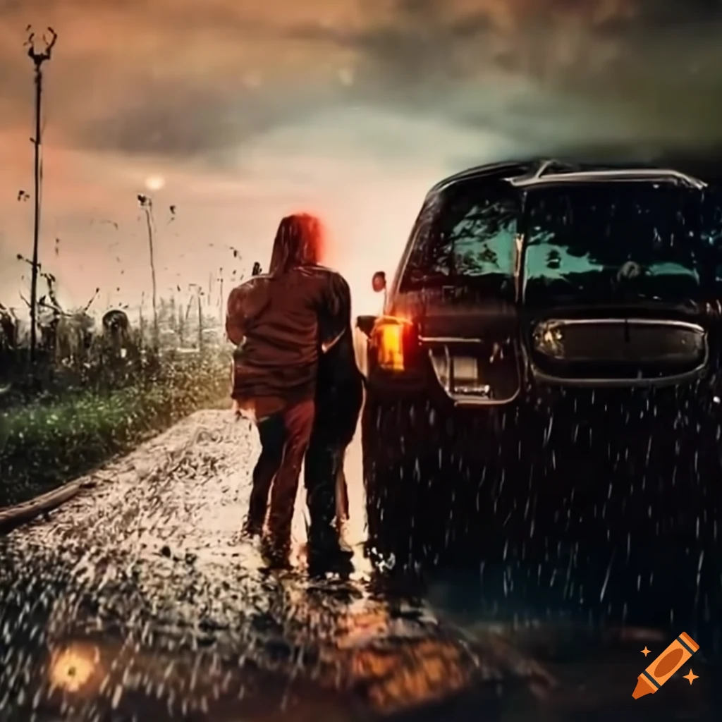 Man in car with family under the rain
