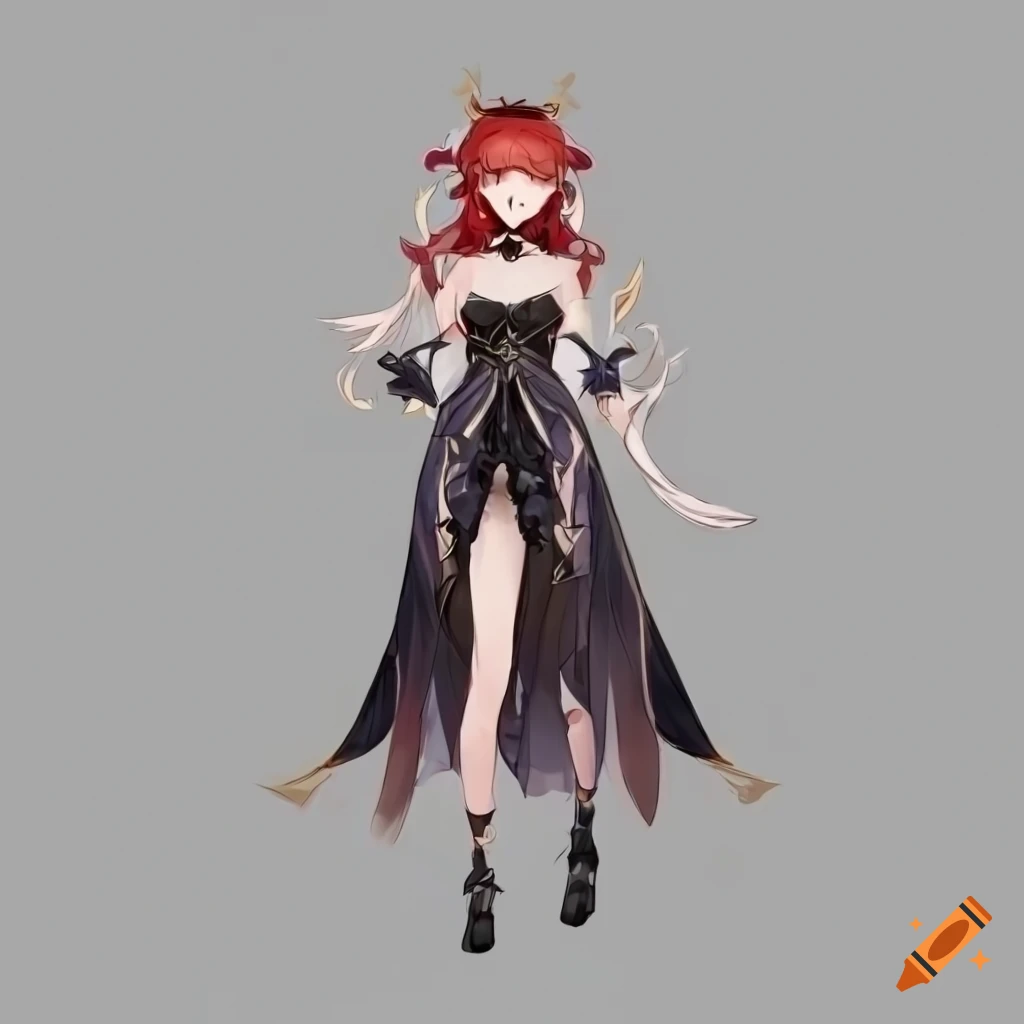 Genshin Impact woman in formal dress with red hair and yellow eyes