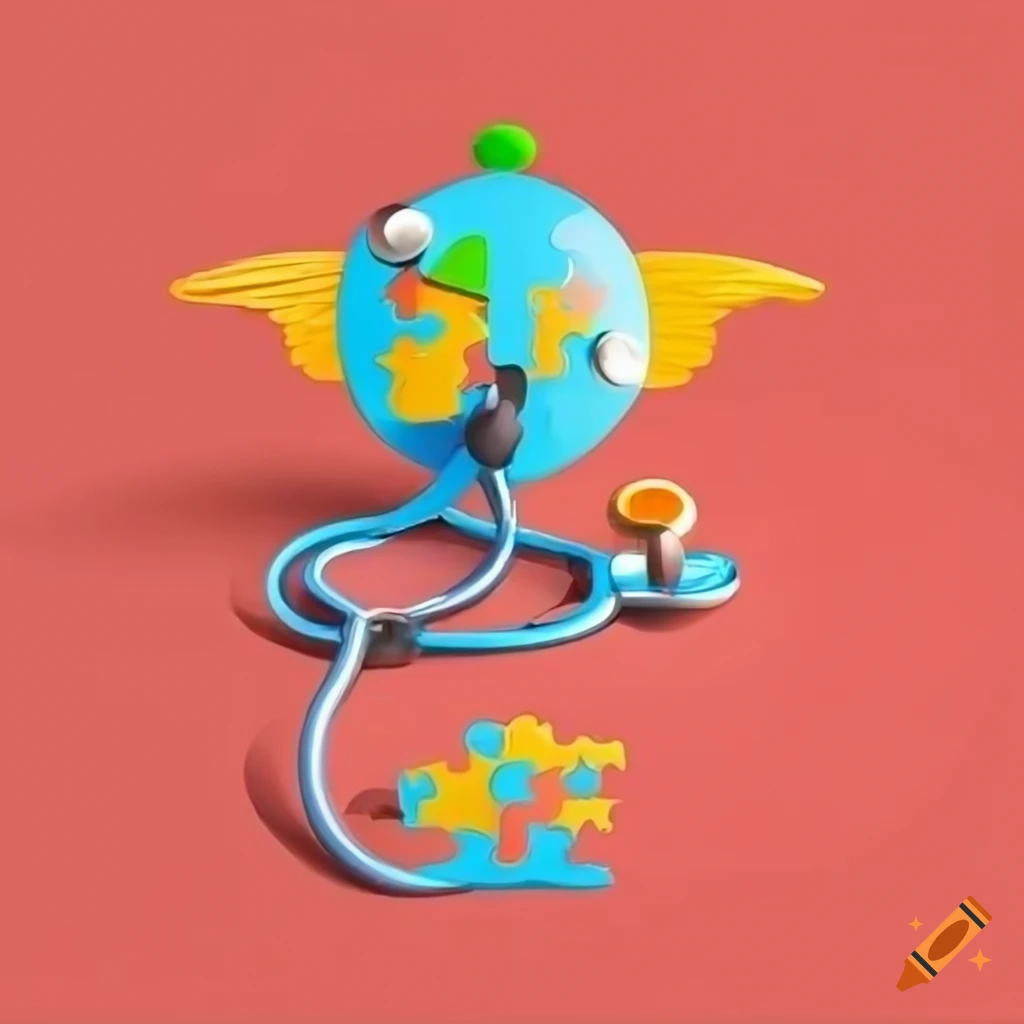 Cartoon caduceus with stethoscope, puzzle pieces, and inclusive symbols