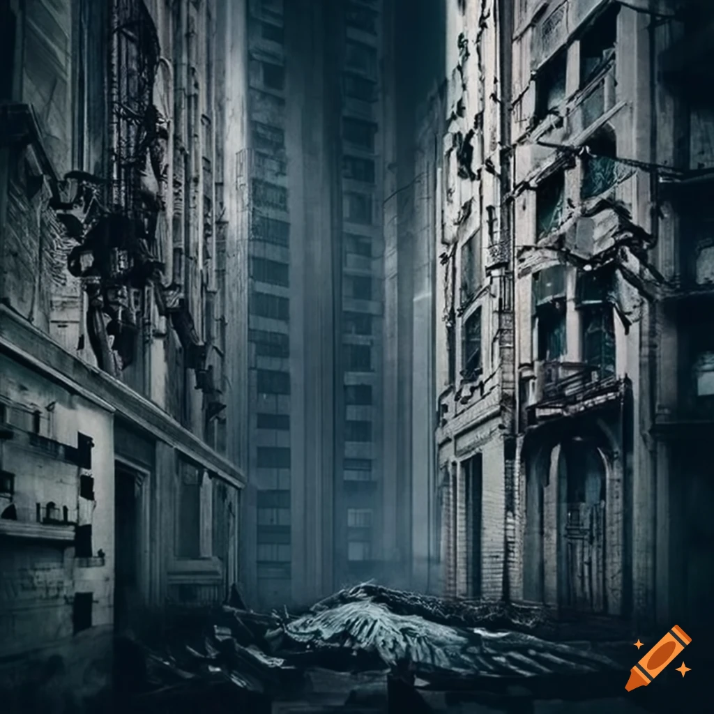 Dystopian cityscape with chains between ruined buildings on Craiyon