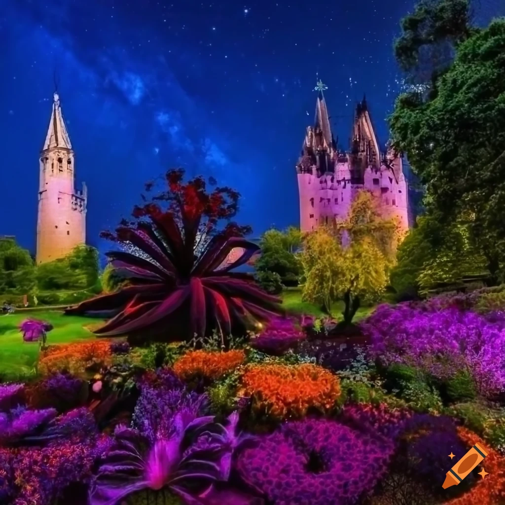Exotic gothic flower garden with castles and towers in another universe