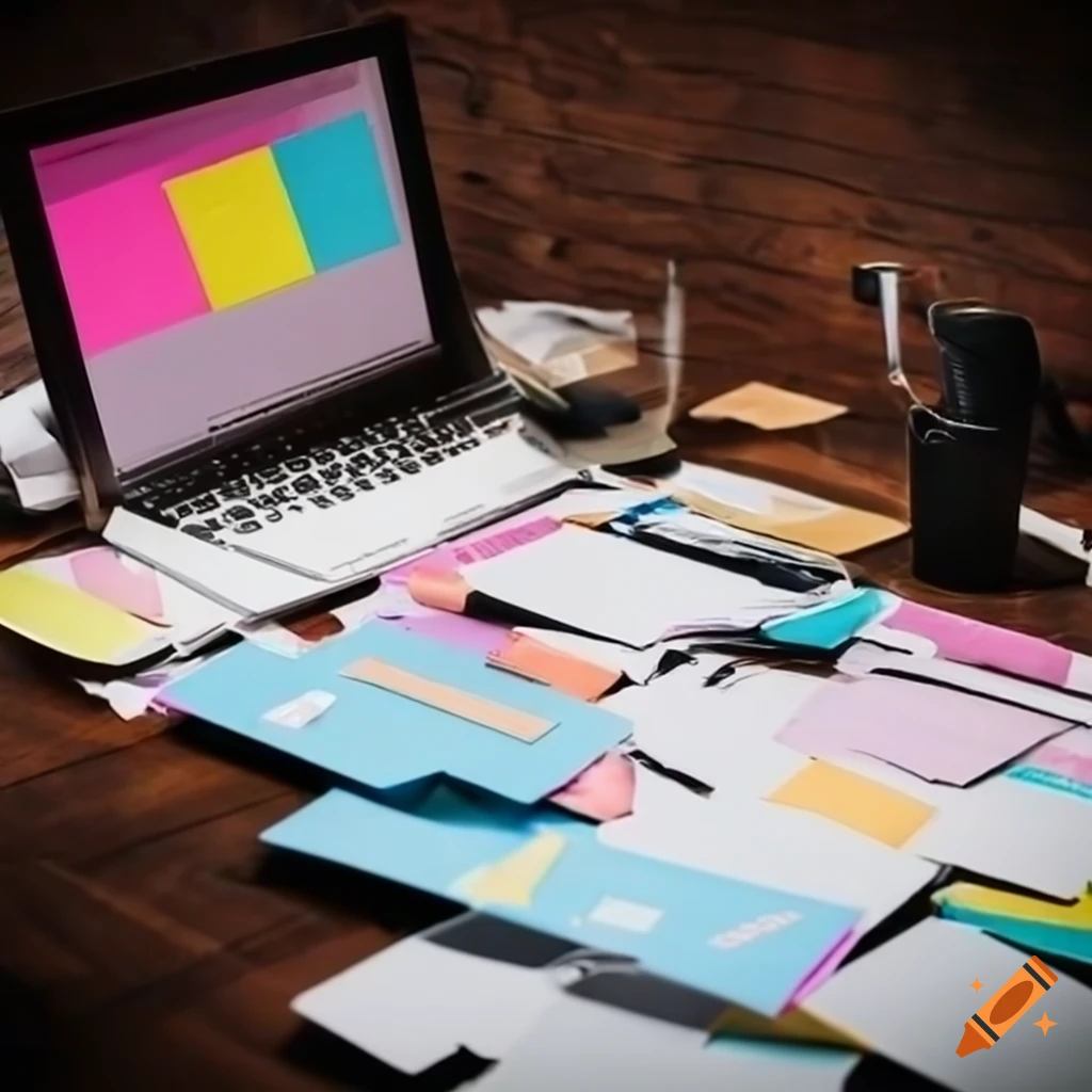 Cluttered desk with invoices, paper checks, and sticky notes
