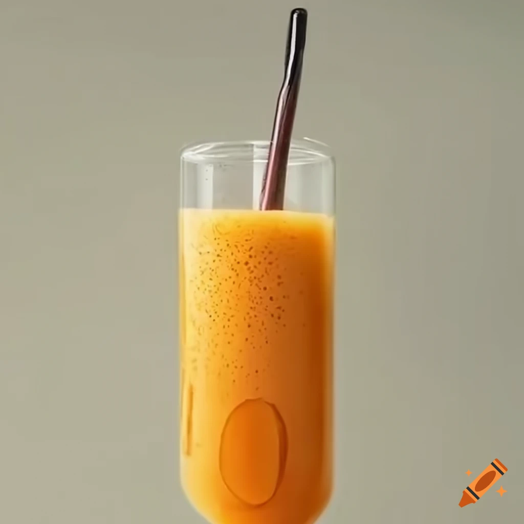 Orange smoothie in glass cup with decorative pipe and fruits