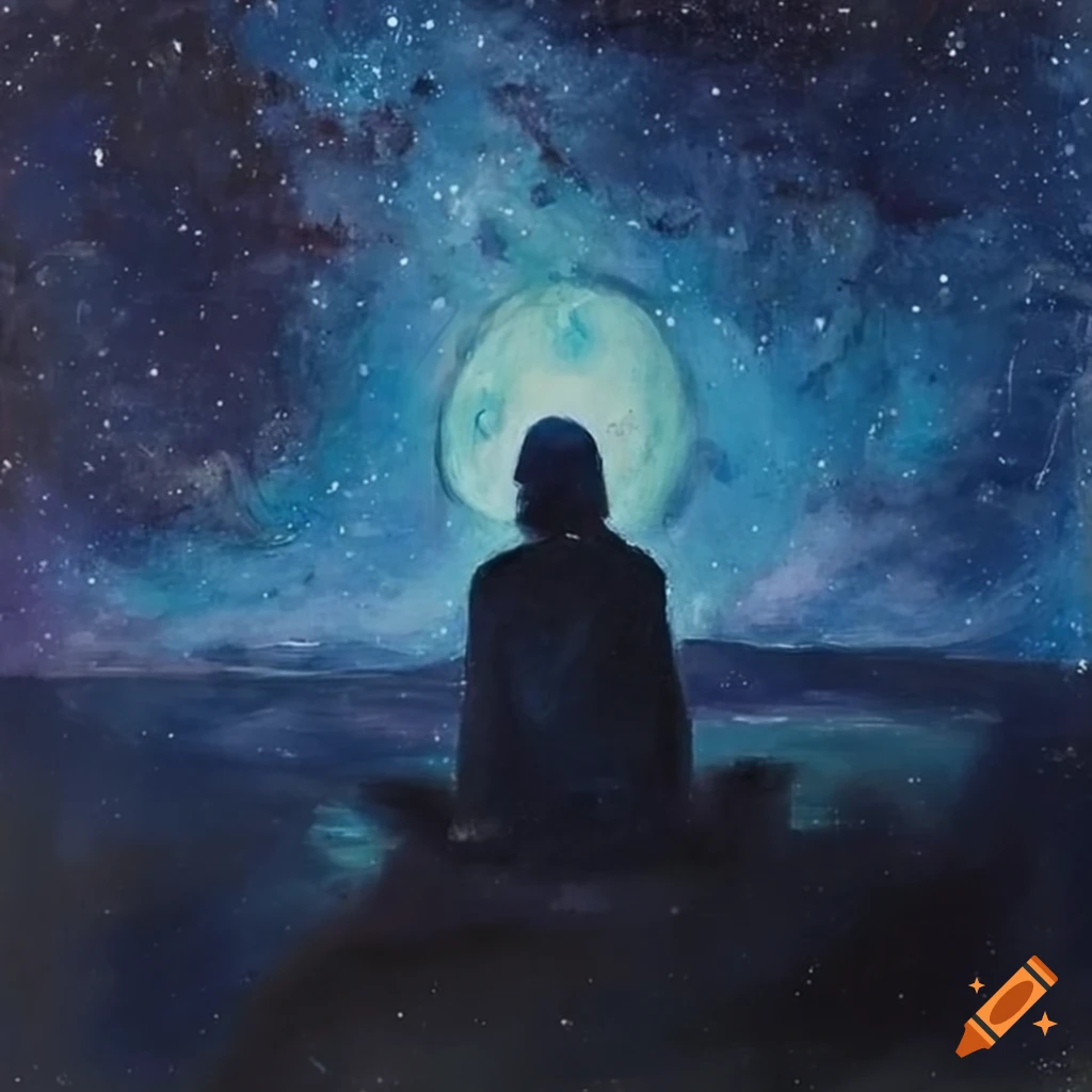 Emotional painting of a man praying under the starry night sky