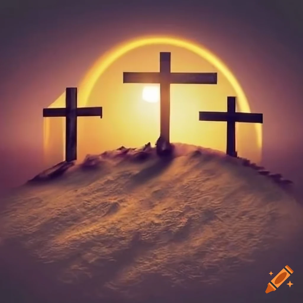 Three crosses on a hill at sunrise with ascending doves