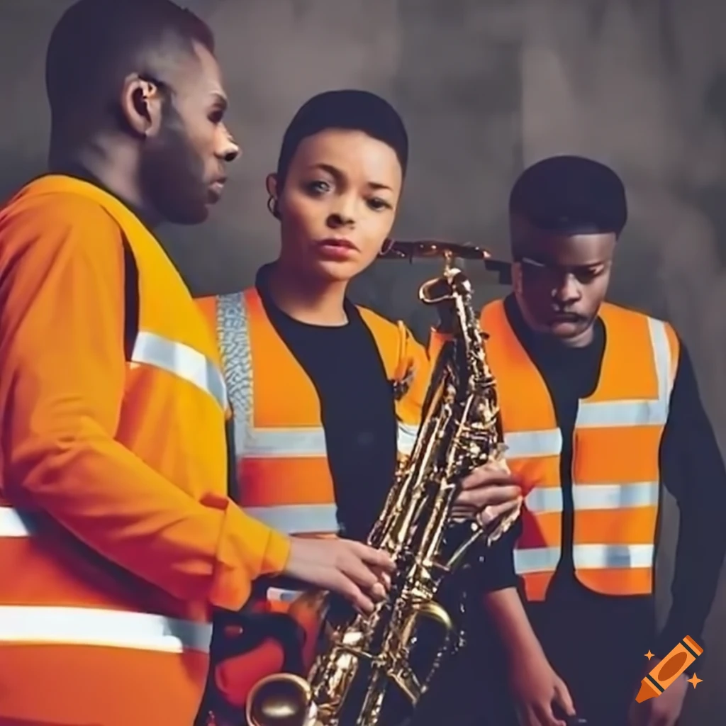 Team of workers in orange vests playing jazz music