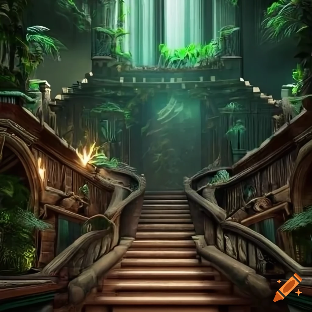 Interior of a wooden mansion in a rainforest at night with intricate design