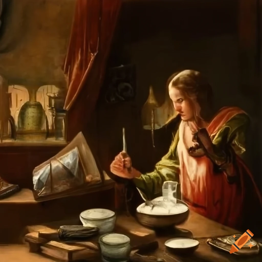Alchemist exploring new compounds in a Renaissance laboratory