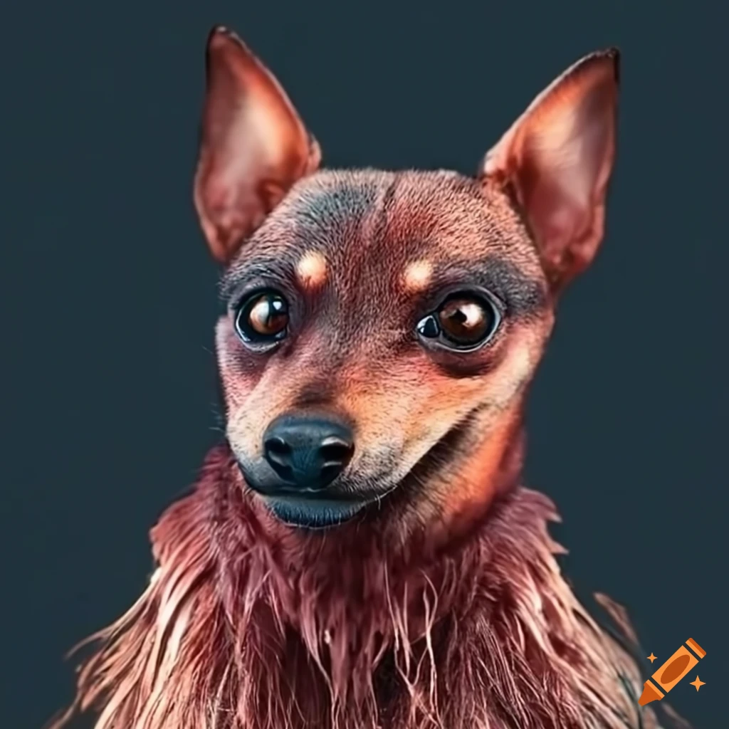 Unique creature with a wolf's head on a miniature pinscher