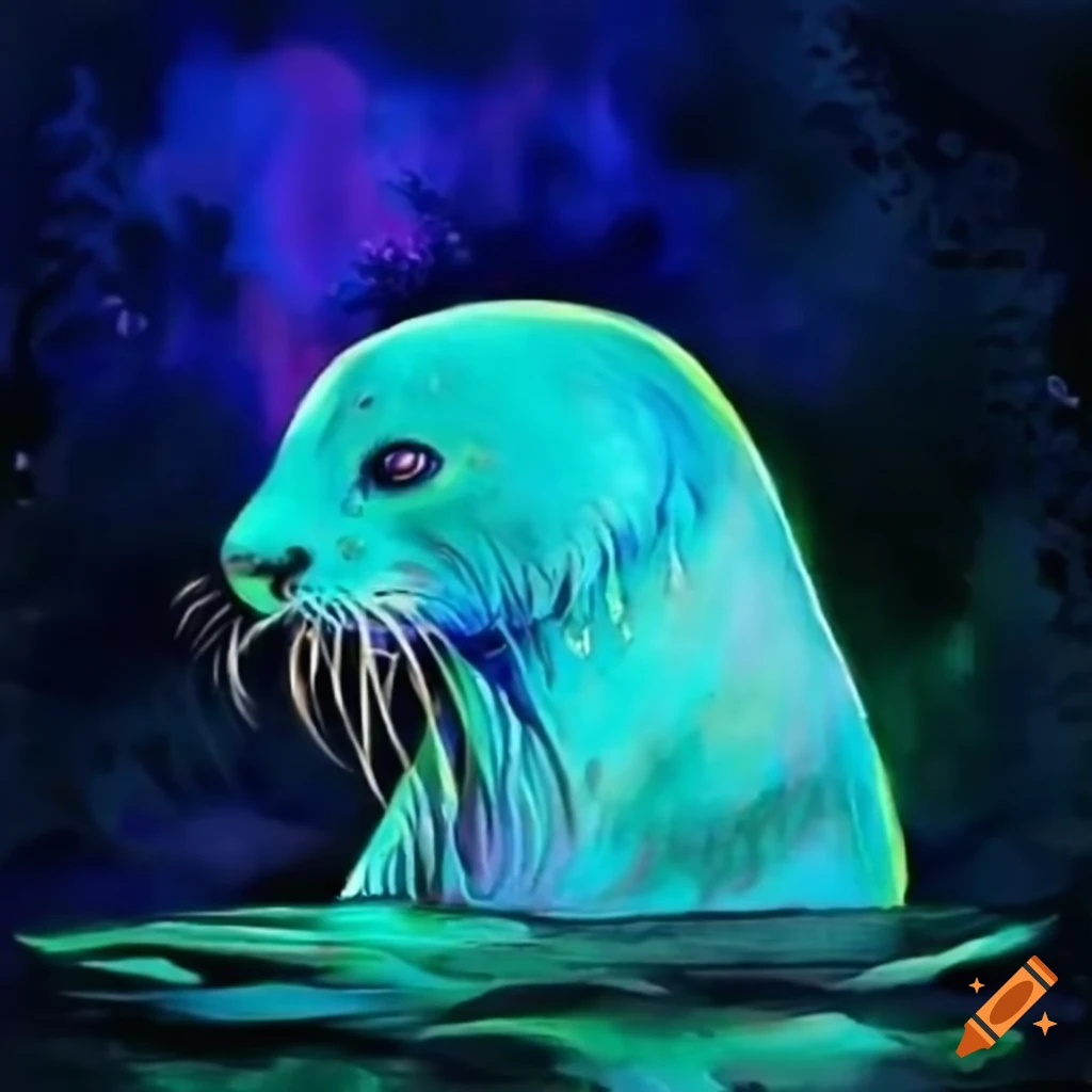 White wizard otter in pond under trippy blacklight