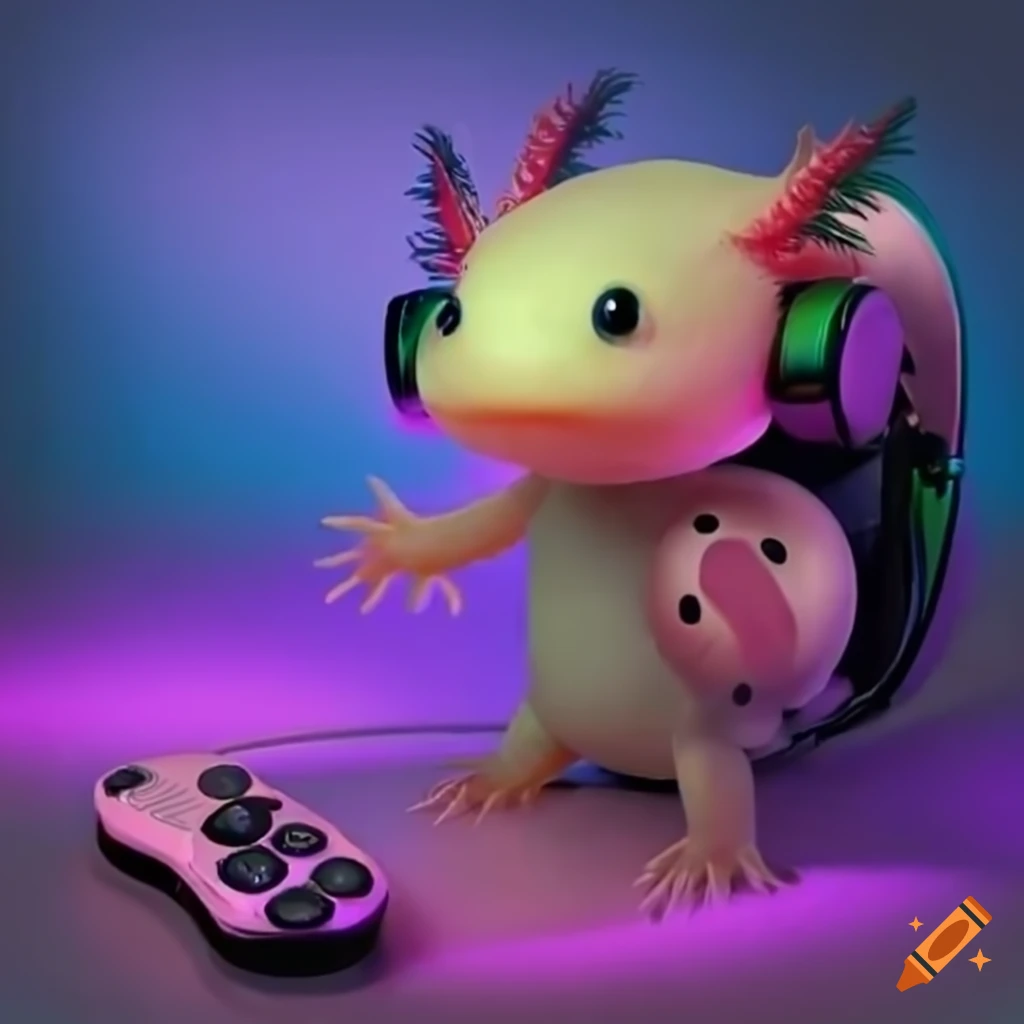 Axolotl in gaming setup with headphones and controller