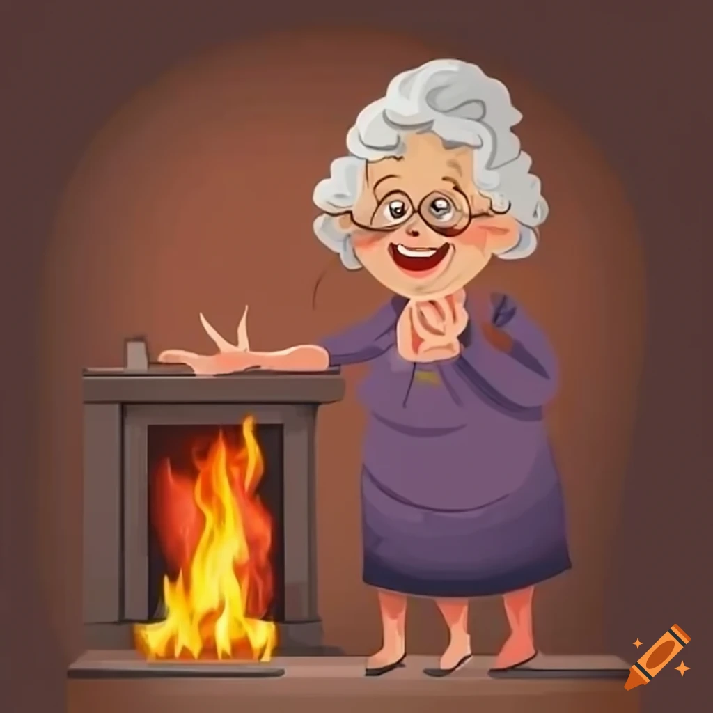 Cartoon elderly grandmother laughing while making a fire in the fireplace