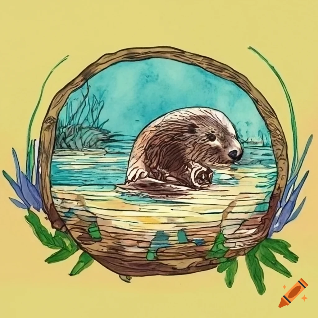 Otter in a pond in watercolor style